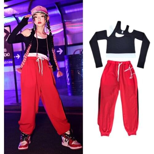 2021 New Girls Jazz Street Dance Costumes Long Sleevd Tops Red Loose Pants Hip Hop Dancing Clothes Performance Costumes DN8593