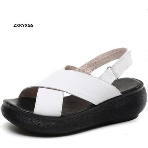 2020 New Summer Fashion Open Toe Genuine Leather Sandals Women Casual Shoes Concise Beach Sandals Comforta Thick Bottom Sandals