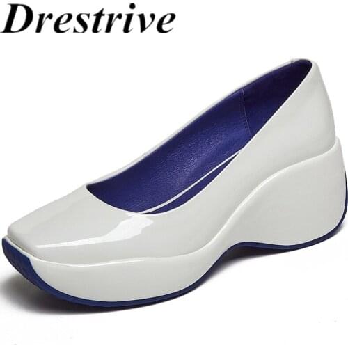 Drestrive Wedges Patent Leather 2021 Summer Classics Women Pumps Square Toe Platform Shallow White High Heel Shoes
