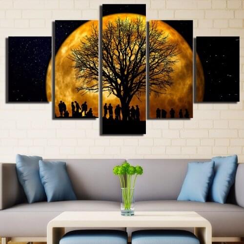 Canvas Art Painting For Home Living Room Decor Frame Wall Art HD Print 5 Pieces Moon Tree Silhouette Landscape Poster
