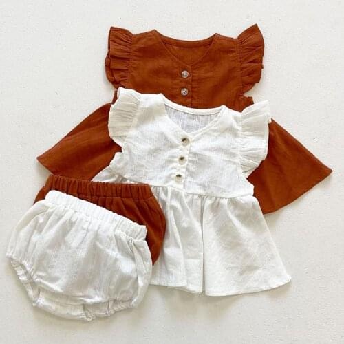 Korean Style Summer Infant Baby Girls Clothes Suit Solid Color Flying Sleeve T-shirt+PP Shorts Toddler Baby Girls Clothing Sets