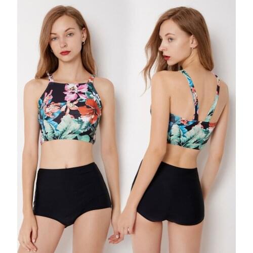 Two Piece Swimsuit for Women Padded Crop Floral Printed Top and High Waisted Solid Black Boyshorts Bottom Bathing Suits