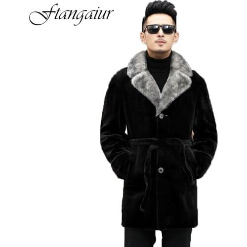Ftangaiur 2021 Winter Fashion Men Import Mink Fur Coat Turn-Down Collar Black Mink Coats Mens Medium Causal Real Mink Fur Coats