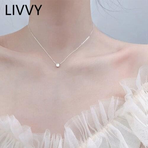 LIVVY Silver Color Round Zircon Pendant Necklace Clavicle Chain Elegant Wedding Party Jewelry for Women
