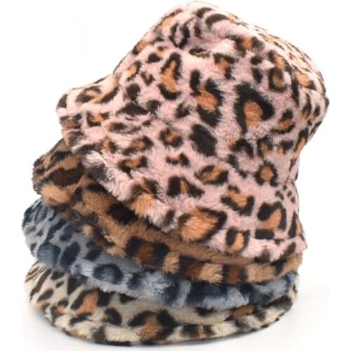 New Winter Faux Fur Bucket Hat For Women Vintage Leopard Thick Warm Outdoor Panama Fisherman Hat Girls Basin Cap M128