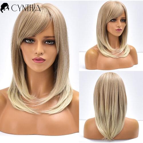 Middle Part Daily Gold Blonde Curly Synthetic Wig With Bangs Natural Wavy For Black White Women Heat Resistant Cosplay Wig