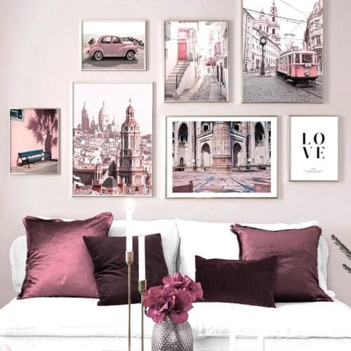 Car Poster European Urban Architecture Posters And Prints Nordic Canvas Painting Pink Art Print Retro Wall Pictures Home Decor