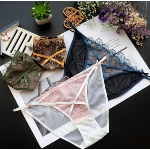 Sexy Flower Embroidered Mesh Lace Girl‘s Underwear Thin Belts Cross Hollow Out Panties Transparent Female Briefs Lingerie Tanga