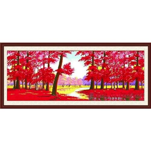 Silk threads printed cross stitch kits DIY cross-stitching set for embroidery home decor wall art painting Maple Leaf landscape