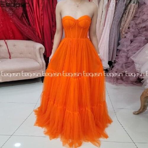 Elegant Orange A Line Prom Dresses Tiered Ruffles Tulle Floor Length Evening Gowns Graduation Formal Party Gowns
