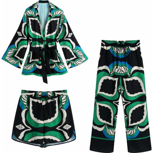 Spring and summer female casual print bow decoration shorts + shirt + pants suit