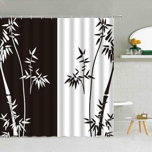Black And White Stitching Bamboo Leaf Shower Curtain Maple Pine Tree Yellow Green Vine Plant Leaves Bathroom Decor Curtains Set