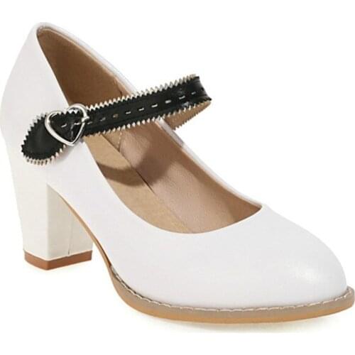 New 2021 Spring Mary Janes Women Heels White Thick Heel Leather Shoes Woman Pumps Large Size 48