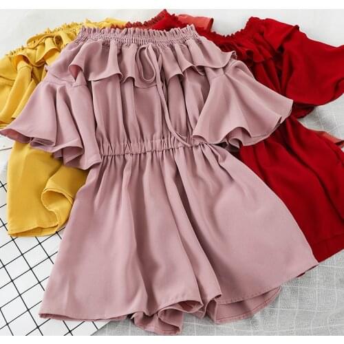 HISUMA Summer Slash Neck Flare Sleeve Women Rompers Bandage Strap Ruffles Bow Jumpsuit Elastic Slim Wrapped Rope Beach Playsuits