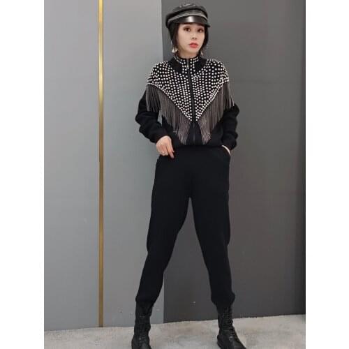 Spring Special Offer Elastic Waist Cotton 2020 New Suit Woman Fashion Rivet Tassel Knitted Cardigan + Casual Trousers Two-piece