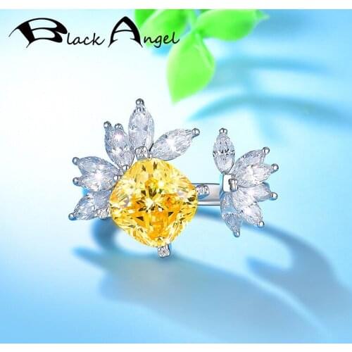 BLACK ANGEL 2021 New 925 Sterling Silver Ring For Women Shiny Square Citrine White CZ Gemstone Engagement Jewelry Wedding Gift