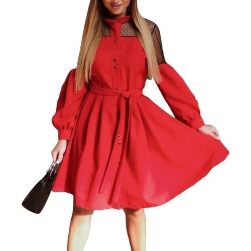 Hot Summer Dresses Women Puff Sleeve Lace Stitching Single-breasted Waist Belt Large Swing Dress Belt Large Swing Dress
