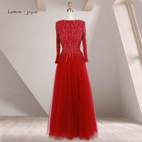 Lemon Joyce 2021 Evening Dress A-line Luxury Dubai Designer Beading Grystal Fashion Long Sleeves Women Formal Party Gowns