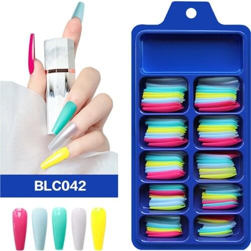 100Pcs Candy Colors Long Ballerina Fake Nails Natural Coffin Press on False Nail Art Tips ABS Full Cover Nail Decor Manicure