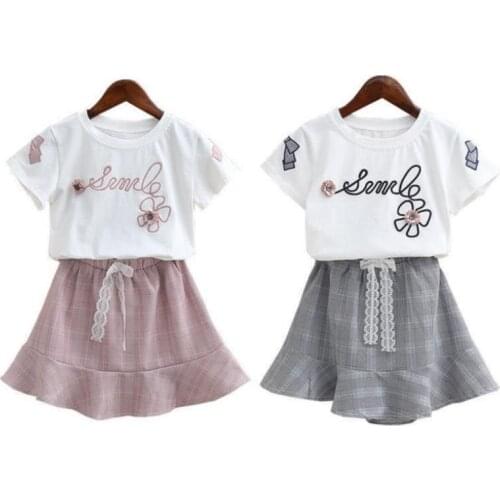 2020New Girls Clothes Children Wear Set summer Short sleeve T-shirt+ Short Skirt Baby Girl lattice Skirt Set 3-12Fashion Apparel