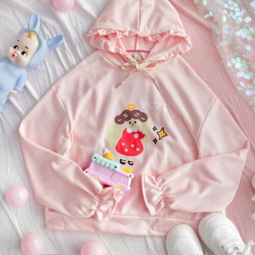 Anime Spring Women Kawaii Lace Cap Hoodie Japanese Sweet Girl Embroidery Sweatshirt Teens Girl Harajuku Cute Pink Loose Pullover