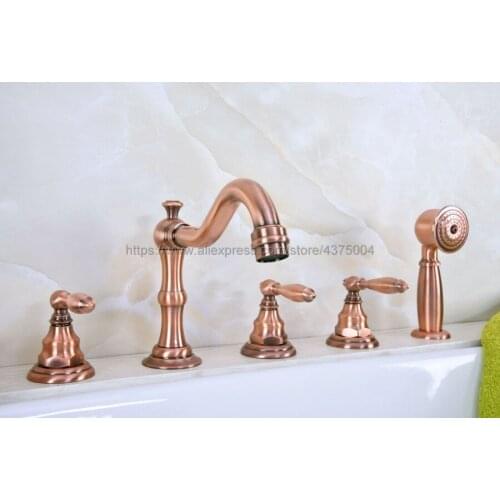 Antique Red Copper Bathtub Shower Faucets 5 hole Basin Sink Taps Three Handle Control with Hand Shower Ntf230