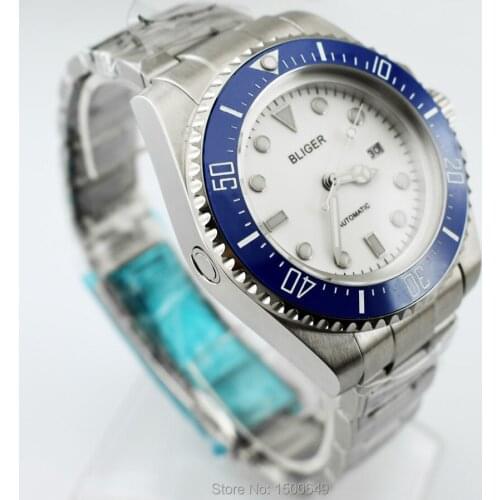 BLIGER Big Fashion retro white Sterile dial Ceramic Bezel automatic Date 43mm men wristwatch