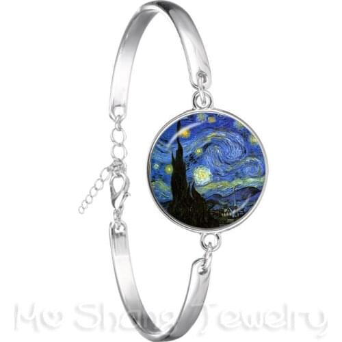 Starry Night Bracelet Van Gogh Art Picture 18mm Glass Cabochon Silver Plated Chain Bangle Fashion Trendy Jewelry For Women Gift