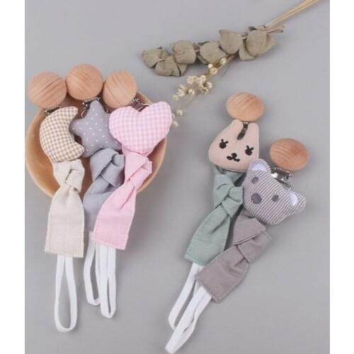 Baby Teether Beech Wooden Clip Cotton Linen Pacifier Chain Dummy Nipple Soother Holder Leash Strap for Infants Newborn