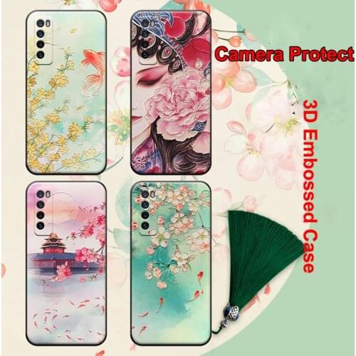 For Huawei P40 Pro Mate 30 Honor 30 Pro Nova 7 7SE Case Camera Protect 3D Embossed Relief Soft Silicone Cover with Tassel Funda