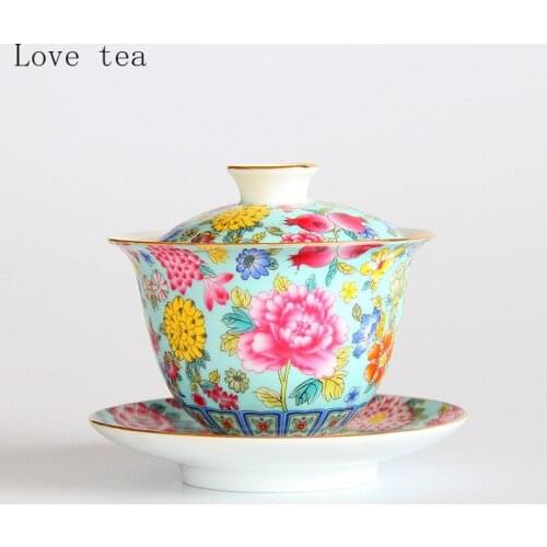 Enamel cover bowl teacup single piece ceramic Kung Fu tea set Wanhua three color household tea set household office supplies