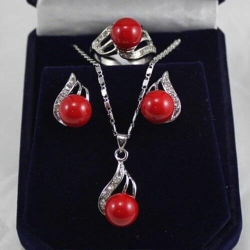 Hot sale new Style >>>>Genuine 10mm Coral Red South Sea Shell Pearl CZ Earringes Necklace qRings Free Shipping