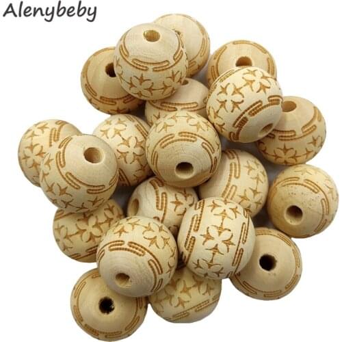 Engraving Printing Wooden Round Beads Teether Loose Natural Wood Ball Jewelry Making Bracelet Necklace DIY Teething Accessories