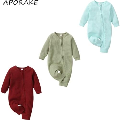 2021 0-18M Infant Baby Boy Girl Jumpsuit Casual Outfit Solid Color Zipper Round Neck Long Sleeve Romper For Spring Fall