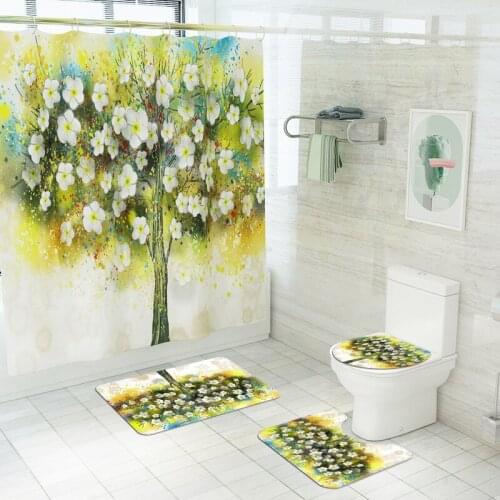 Floral Printed Toilet Mat Home Decor Modern Bath Mats and Shower Curtain Set Bathroom Carpet Set Non-Slip Bathroom Foot Rugs