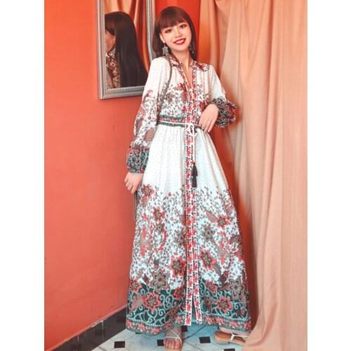 Summer New Womens Clothing Korean Version Ins Palace Style Bohemia Travel Holiday Beach Dress Printed Cardigan Type Long Dress