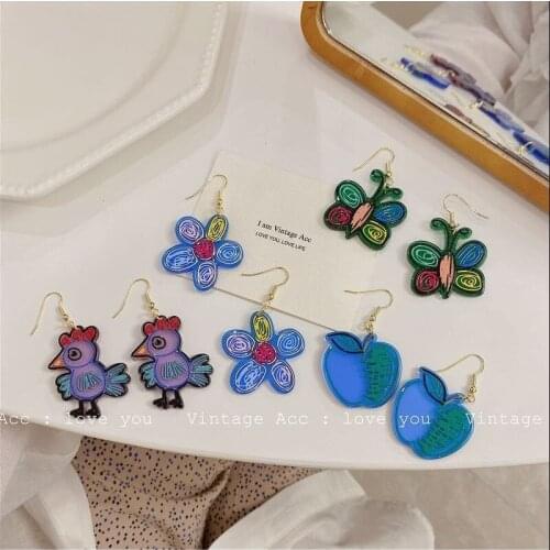 Apple Butterfly Flower Trendy Geometric Acrylic Drop Earring for Women Pendant Earrings Cute Dangle Earrings Korean Jewelry