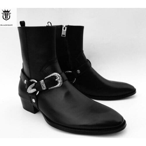 2019 FR.LANCELO Black Soft Genuine Leather Metal Buckle Cross Men Boots Chelsea Boots Flats Zipper Shoes Mens Zapatillas