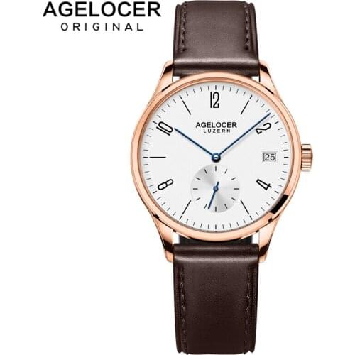 Original Brand Agelcoer Luxury Gold Watch Automatic Mechanical Watch Brown Leather Strap Watch 1202D2