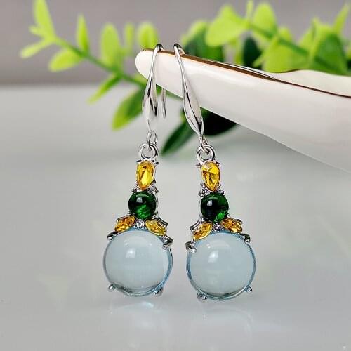 Luxury Female White Round Moonstone Earrings Charm Silver Color Wedding Earrings Vintage Green Zircon Dangle Earrings For Women