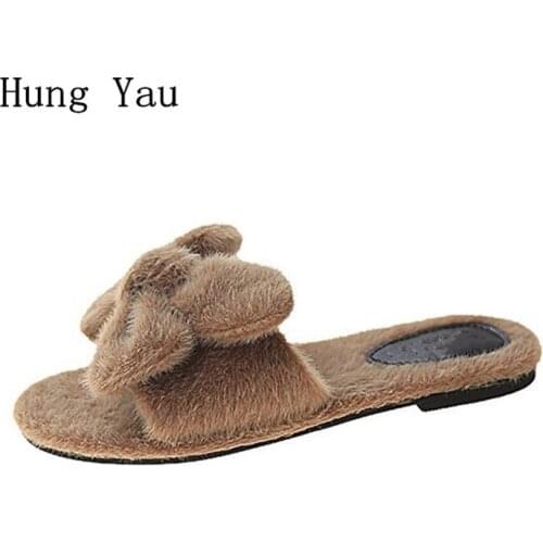 Women Flips Flops Winter Warm Fur Shoes Butterfly-knot Slippers Fashion Platform Female Casual Slides Shoes Outdoor Flat Solid