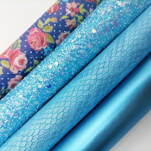 Blue Chunky Glitter leather, Rose Printed Faux Leather, Metallic Snake Vinyl Fabric For Bow A4 21x29CM Twinkling Ming XM684