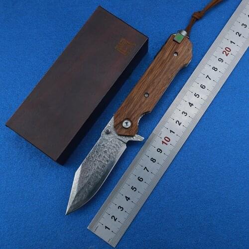 LEMIFSHE L05 folding knife Damascus blade copper gasket red shadow wooden handle camping outdoor tactical survival EDC tool