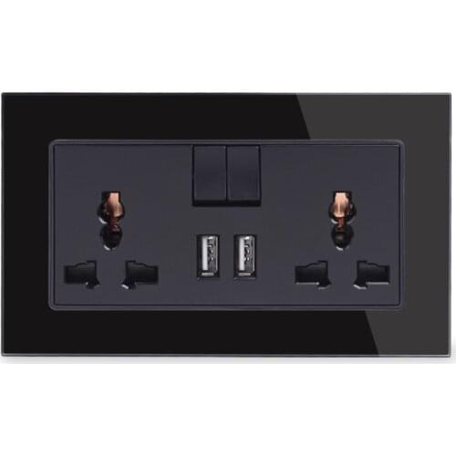 13A Universal Switched Socket 2 USB Charge Port For Mobile Output 2.1A Wall Outlet Crystal Glass Panel Knight Black