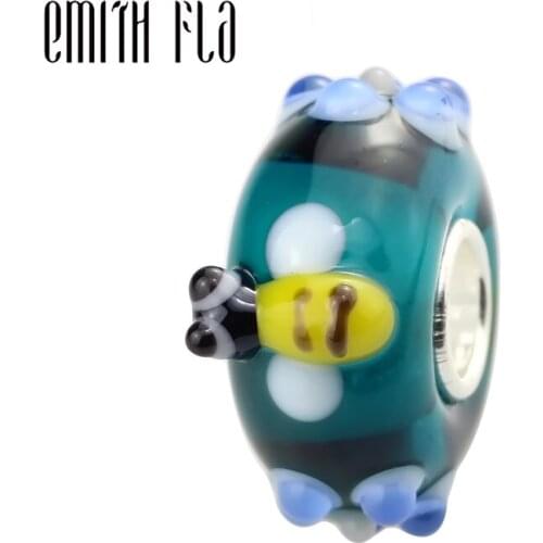 Emith Fla 925 Sterling Silver Large Hole Colorful 3D Animal Bee Murano Glass European Charm Beads Fit Brand Bracelet Jewelry DIY