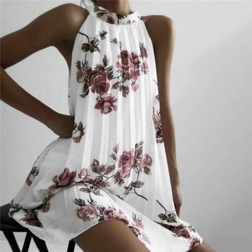 Boho Beach Summer Sleeveless Halter Floral Dress Elegant Off Shoulder Loose Sundress Ladies Dames Streetwear Fashion Women
