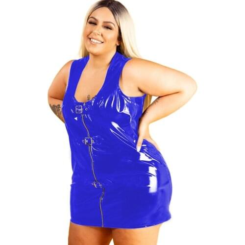 Red Green Blue Bodycon Party Club Outfit Oversize 5XL 6XL 7XL PU PVC Leather Dress for Women Elegant Black Mini Dress Wholesale