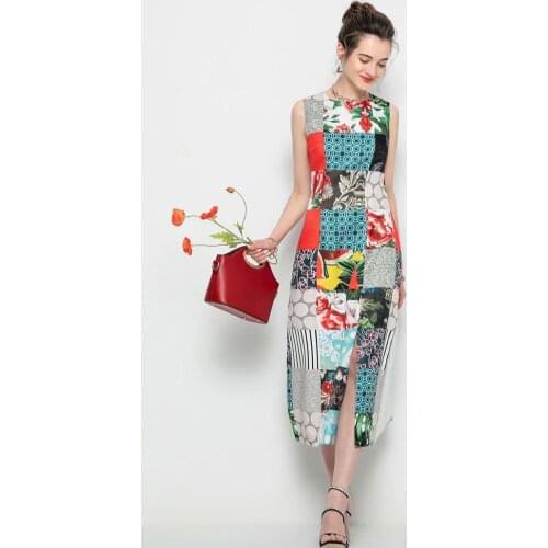 2021 summer new style womens printed round neck waist slimming sleeveless split-end dress ethnic style long dress seaside holid