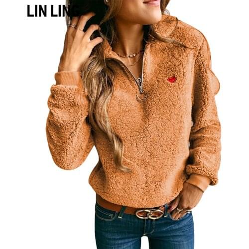 LINLING Winter Warm Plush Long Sleeve Top Love Pattern Zipper Windproof Fashion V-neck Loose Pullover