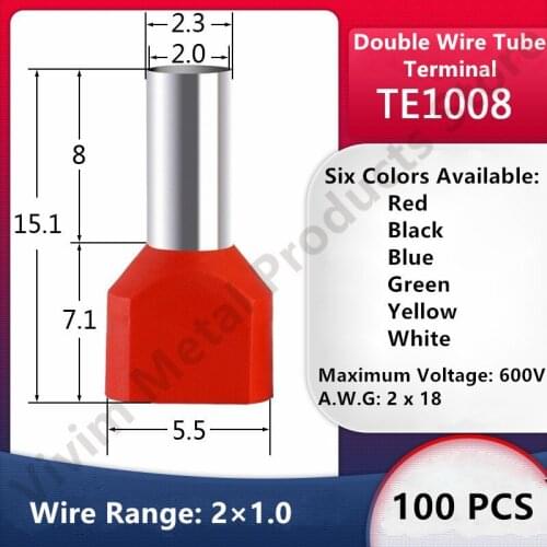 100PCS TE1008 Double Pipe 0.5~6.0² Cold Pressed End Double Wire Tube Shaped Insulated Tubular Terminal